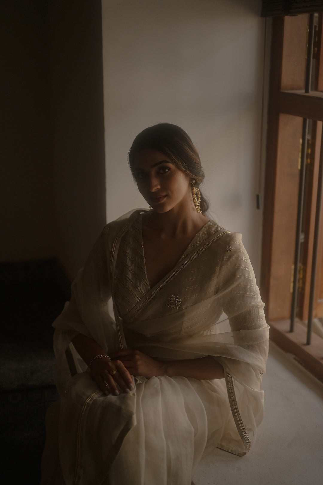 Ivory Organza Saree and Silk Blouse - Zuleiha