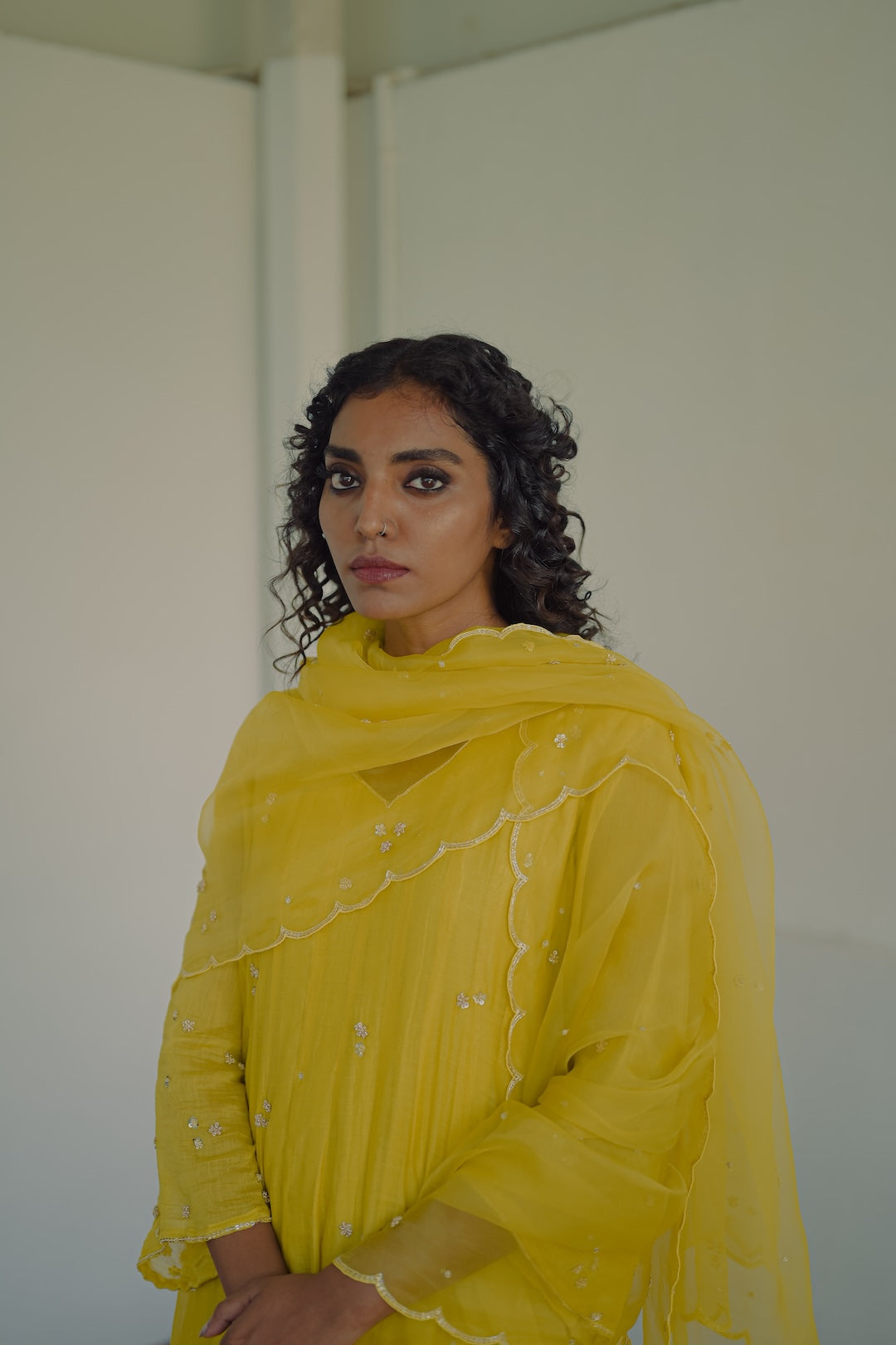 Yellow chanderi and organza kurta set - Zuleiha