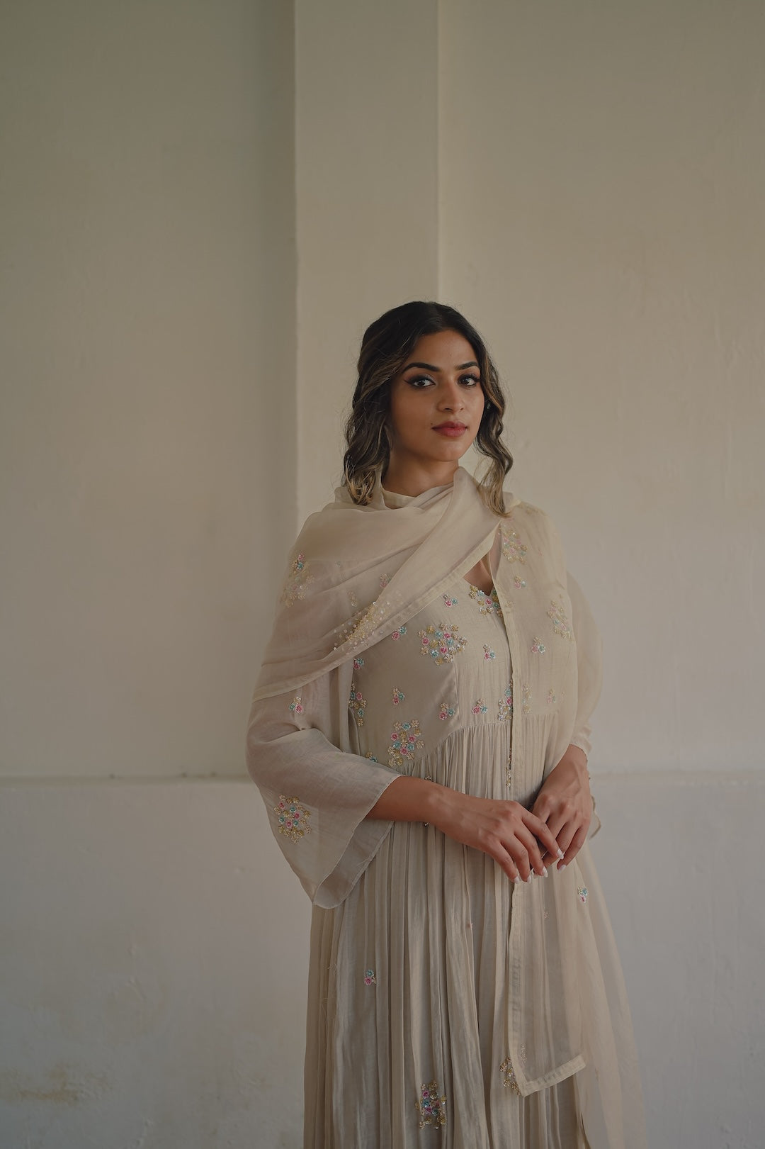 Ivory Chanderi and Organza kurta set - Zuleiha