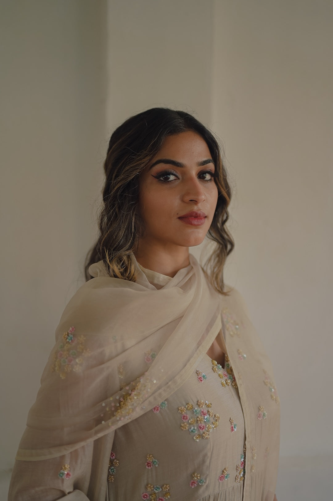 Ivory Chanderi and Organza kurta set - Zuleiha