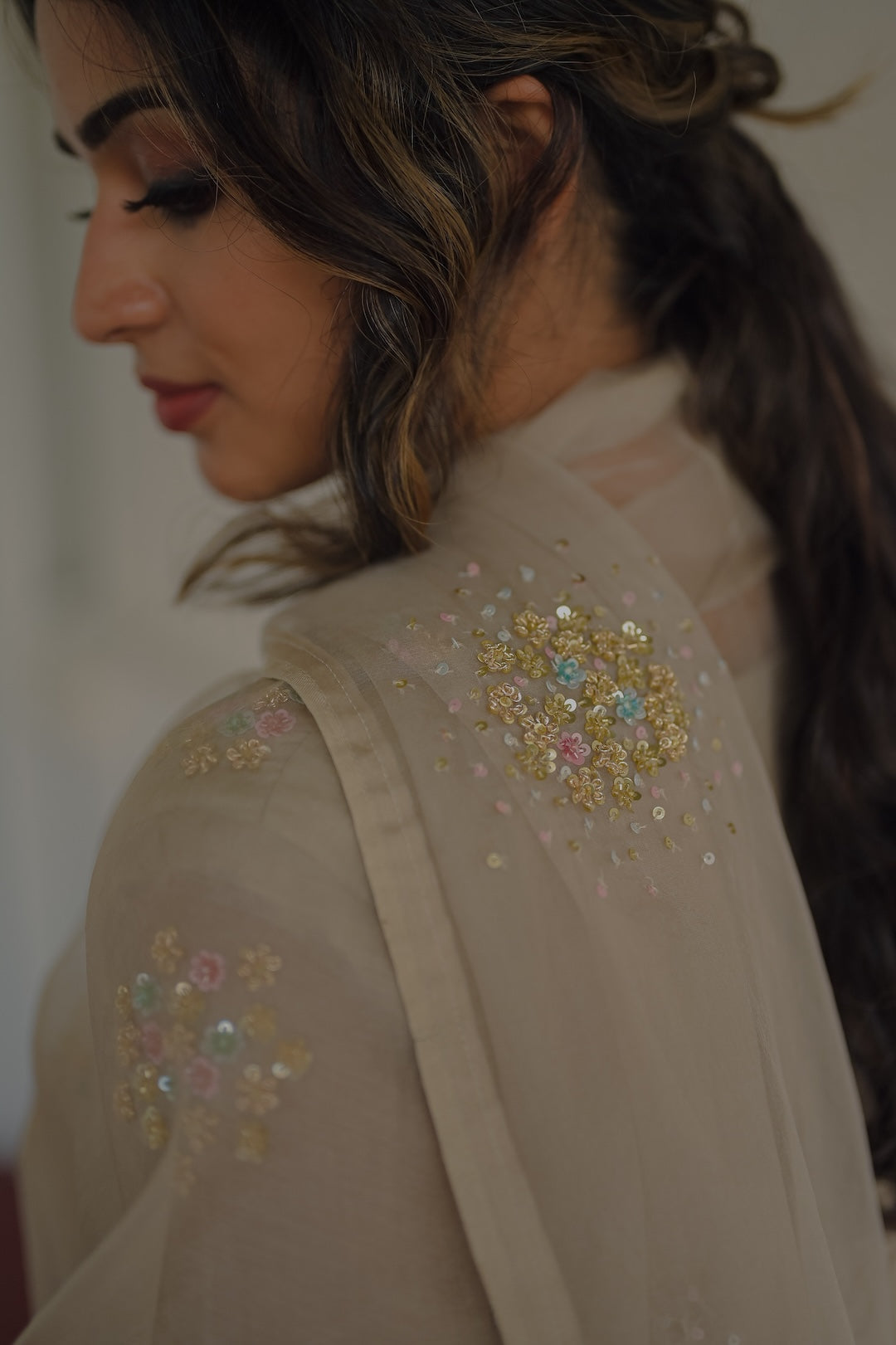 Ivory Chanderi and Organza kurta set - Zuleiha