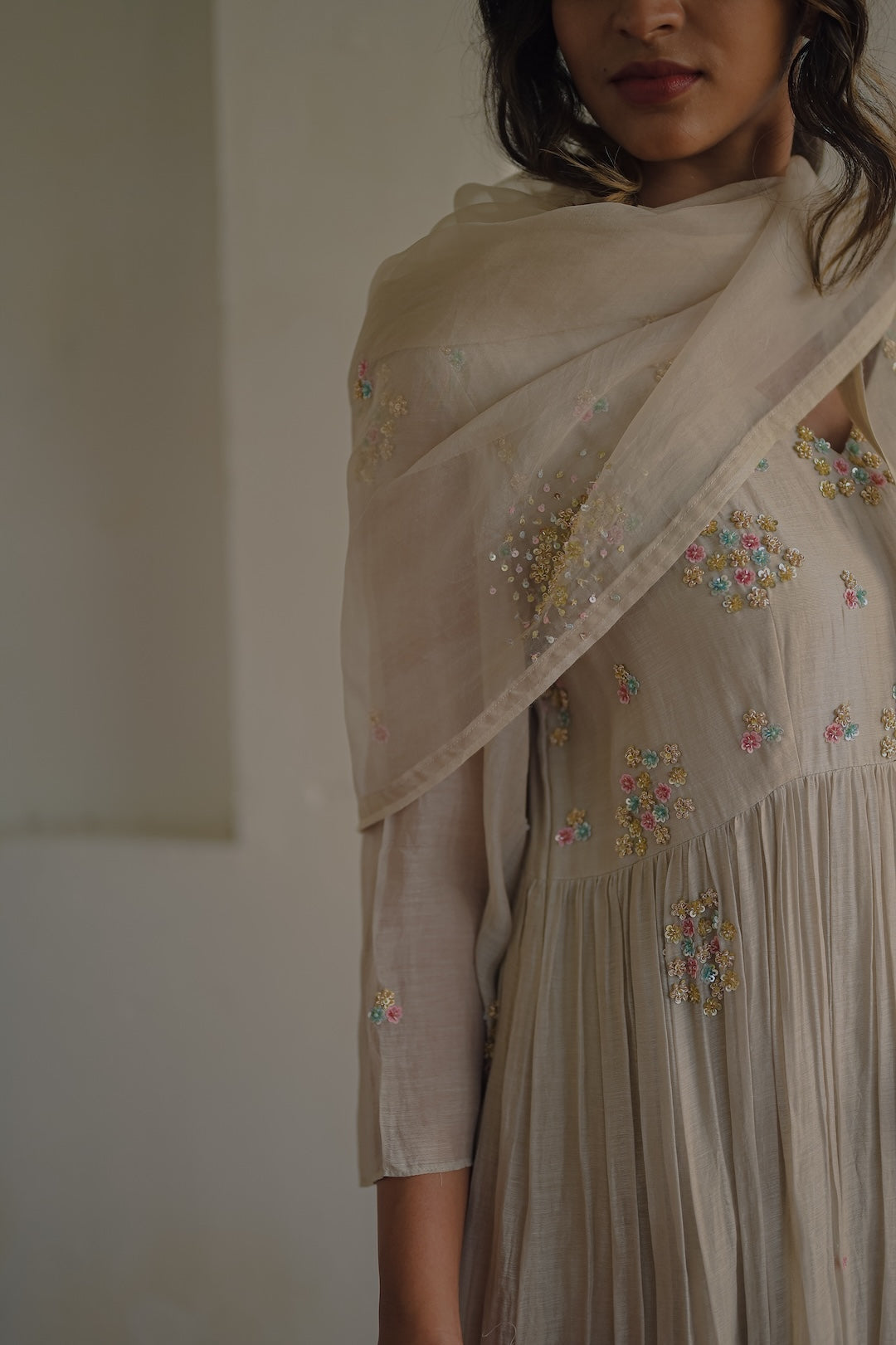 Ivory Chanderi and Organza kurta set - Zuleiha
