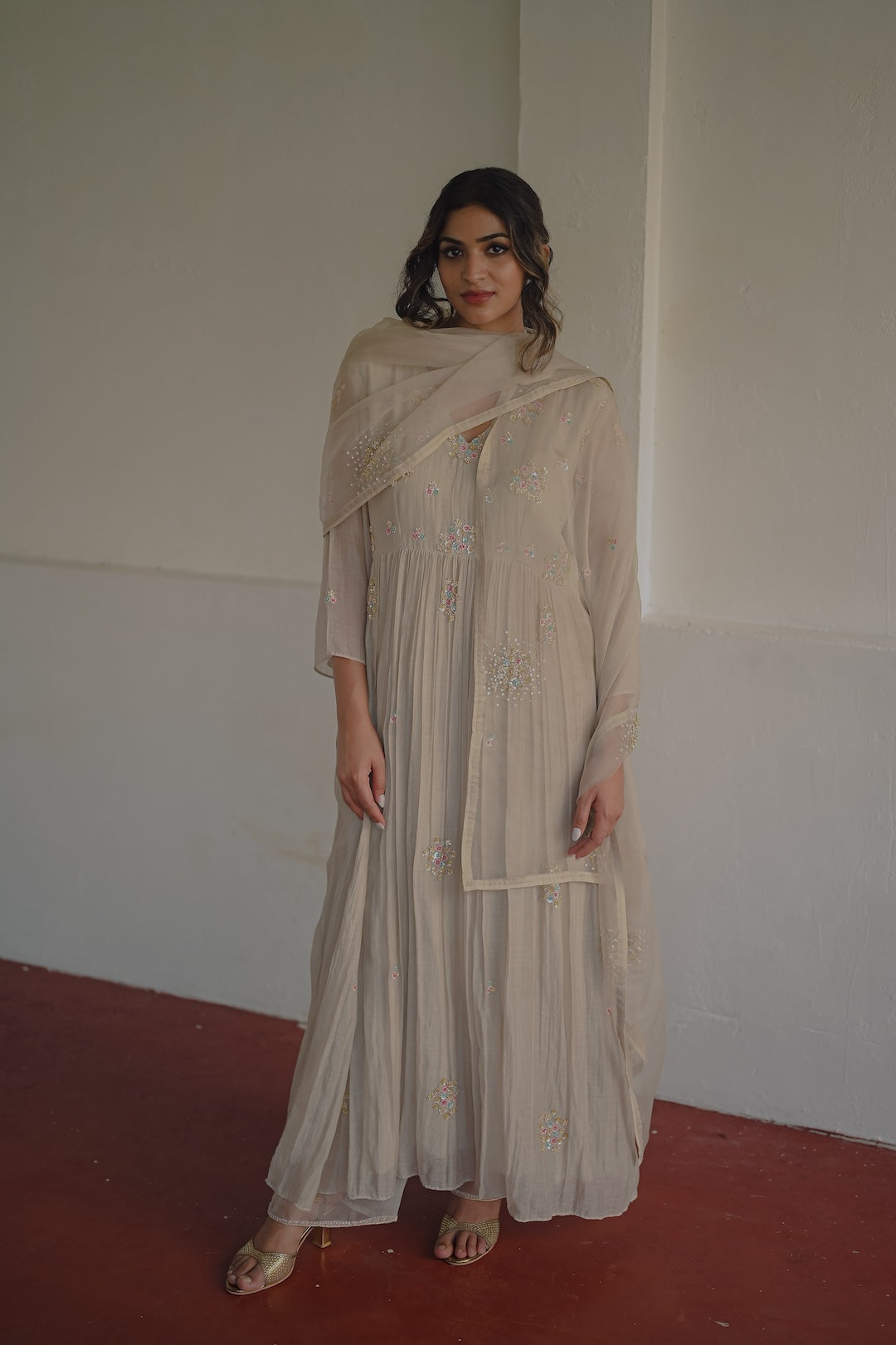 Ivory Chanderi and Organza kurta set - Zuleiha