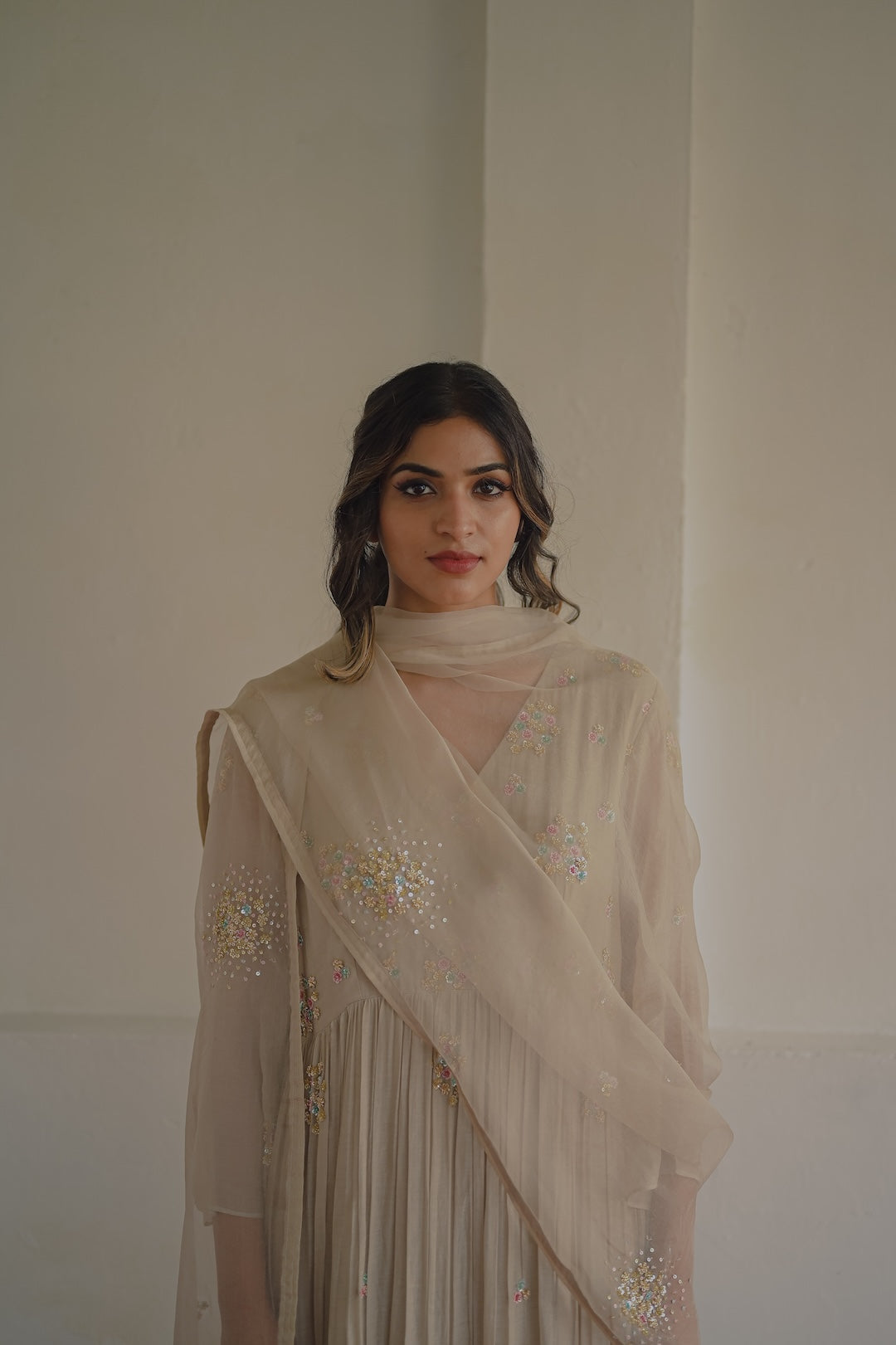 Ivory Chanderi and Organza kurta set - Zuleiha