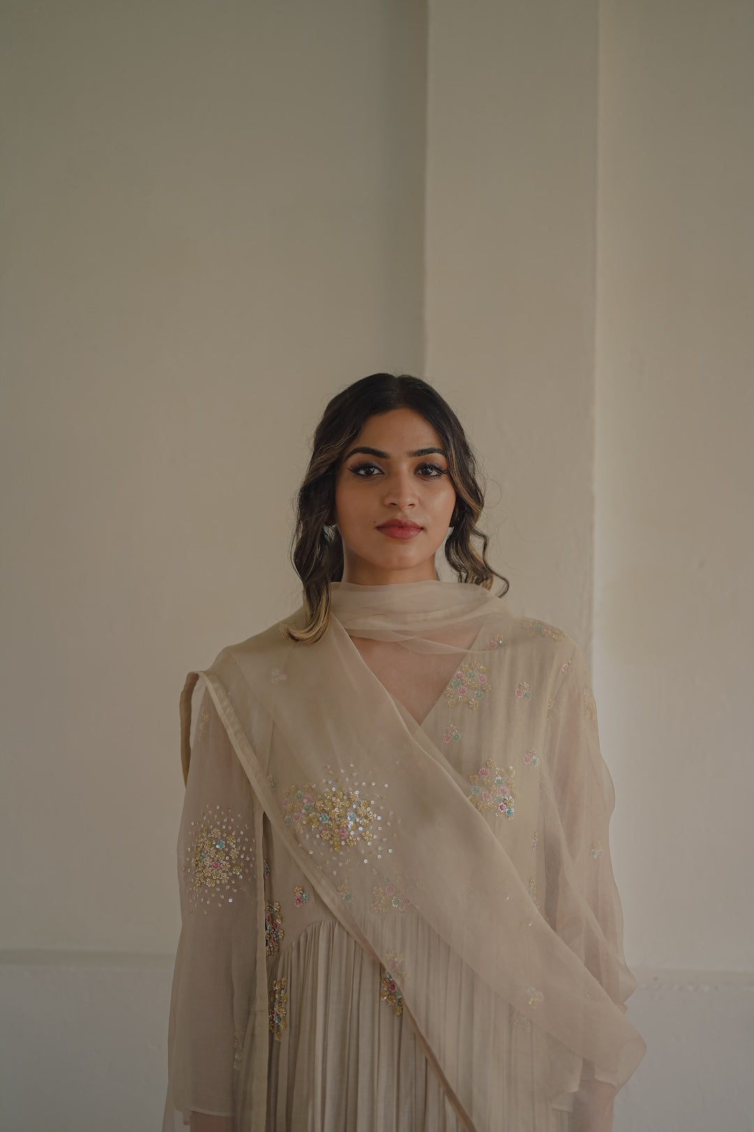 Ivory Chanderi and Organza kurta set - Zuleiha