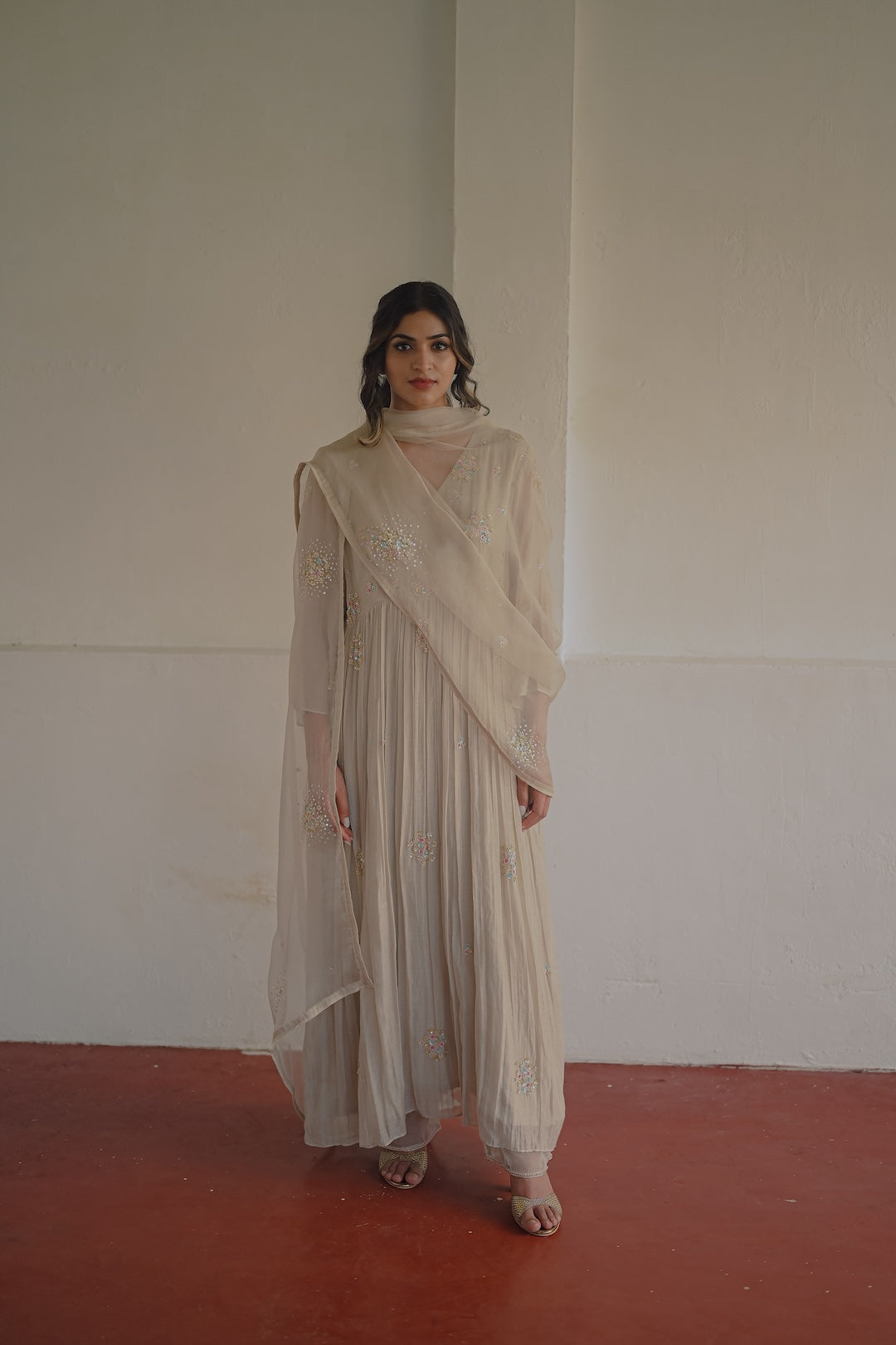 Ivory Chanderi and Organza kurta set - Zuleiha