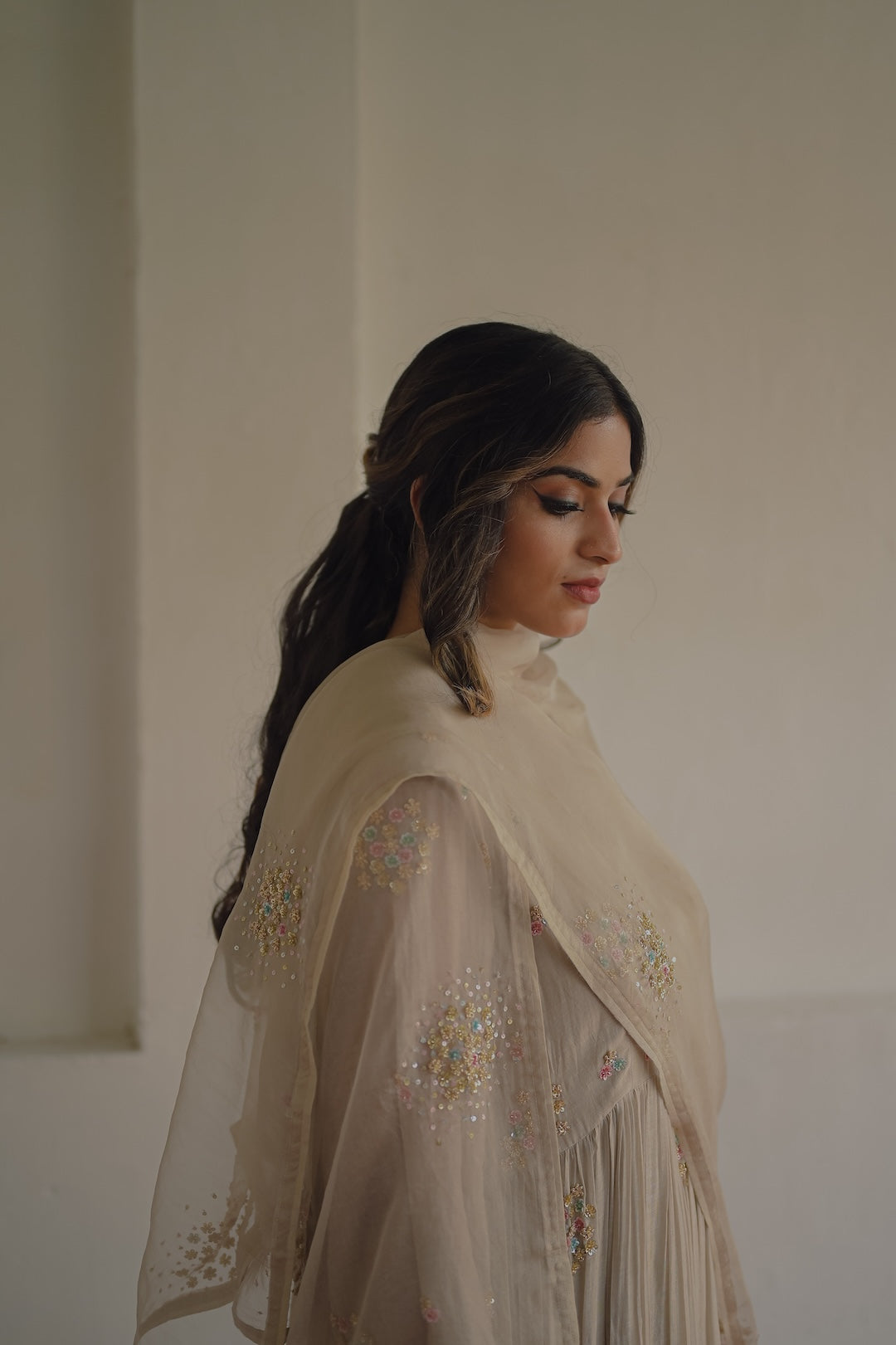 Ivory Chanderi and Organza kurta set - Zuleiha