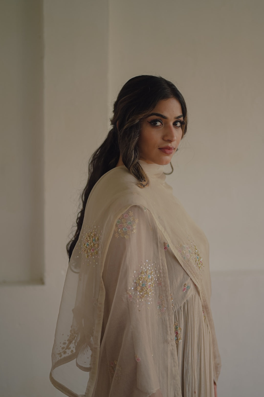Ivory Chanderi and Organza kurta set - Zuleiha