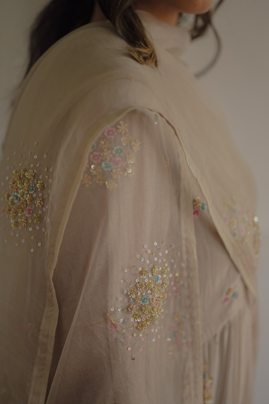 Ivory Chanderi and Organza kurta set - Zuleiha