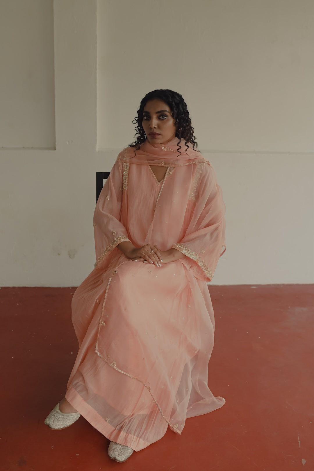 Peach Chanderi and Organza Kurta Set - Zuleiha