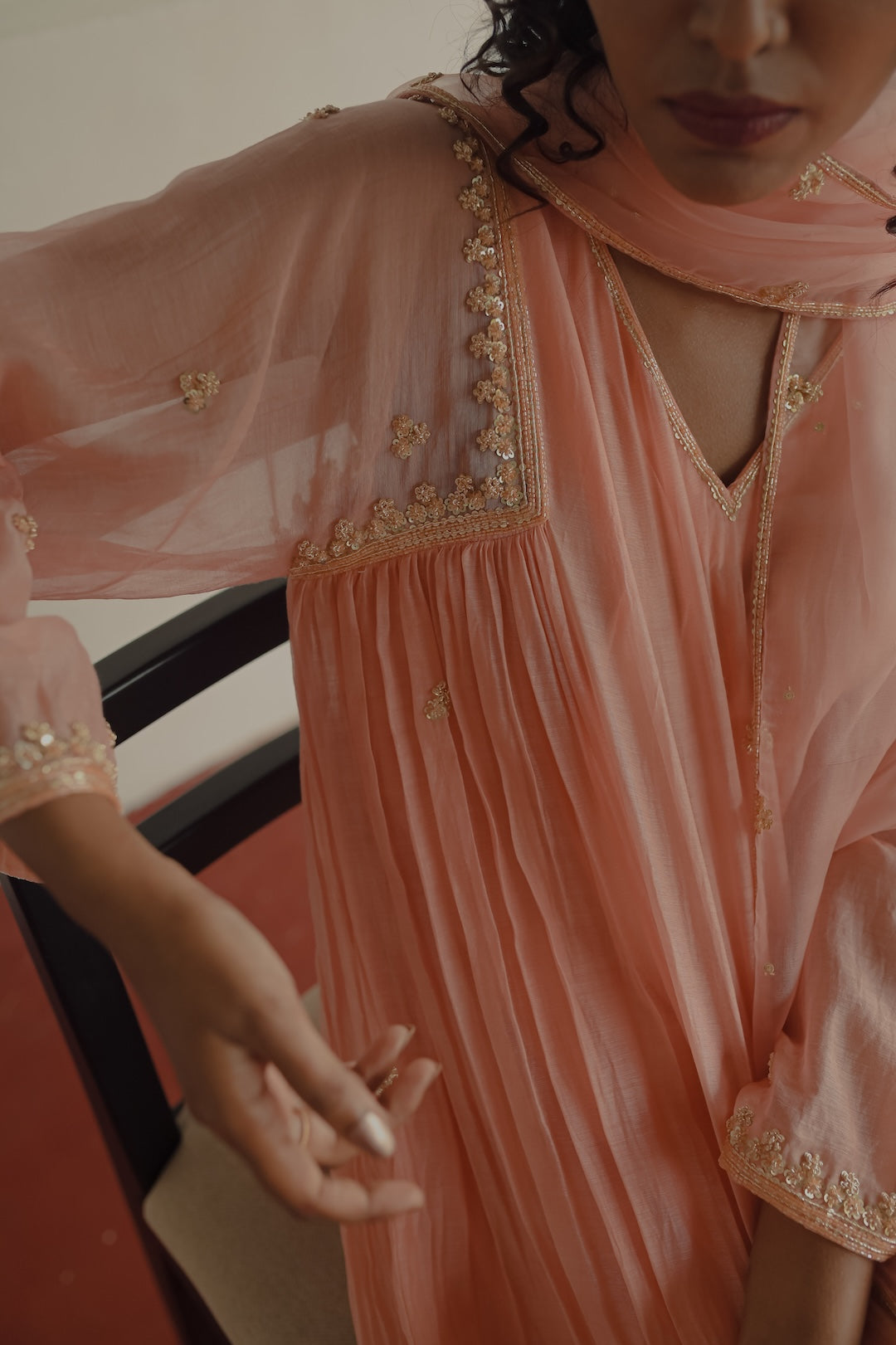 Peach Chanderi and Organza Kurta Set - Zuleiha