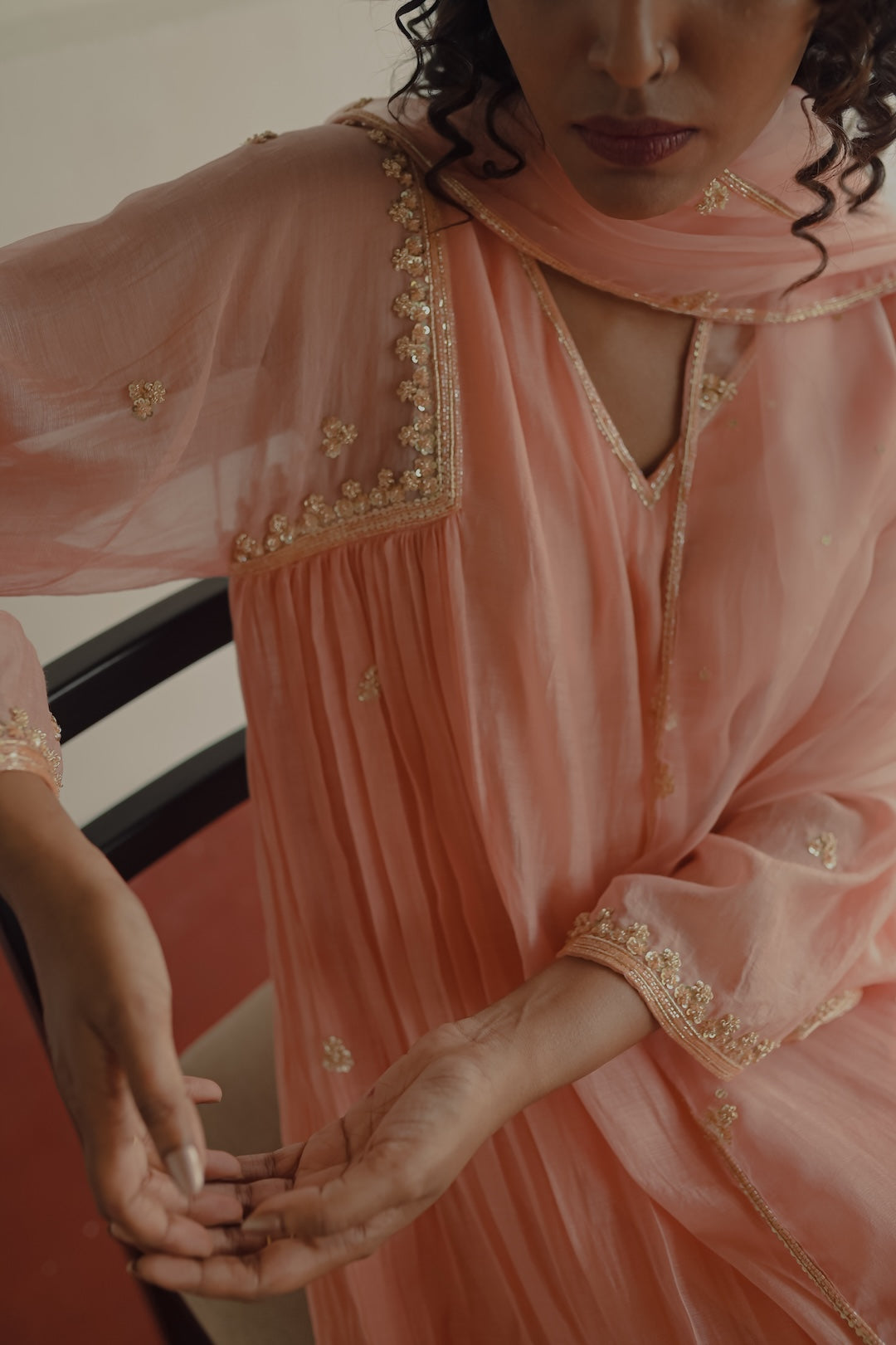 Peach Chanderi and Organza Kurta Set - Zuleiha