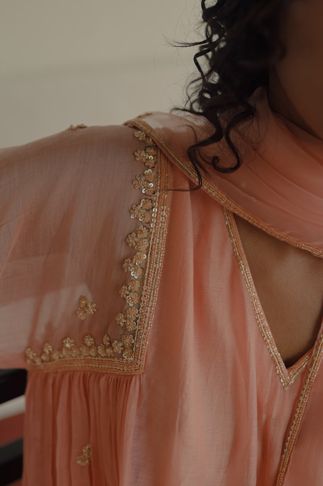 Peach Chanderi and Organza Kurta Set - Zuleiha