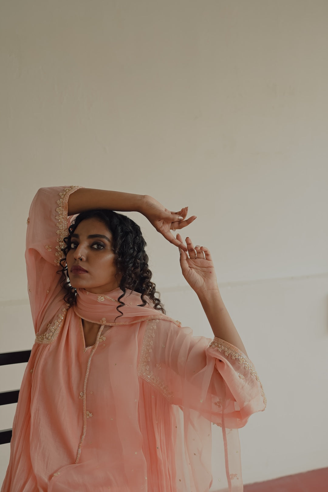 Peach Chanderi and Organza Kurta Set - Zuleiha
