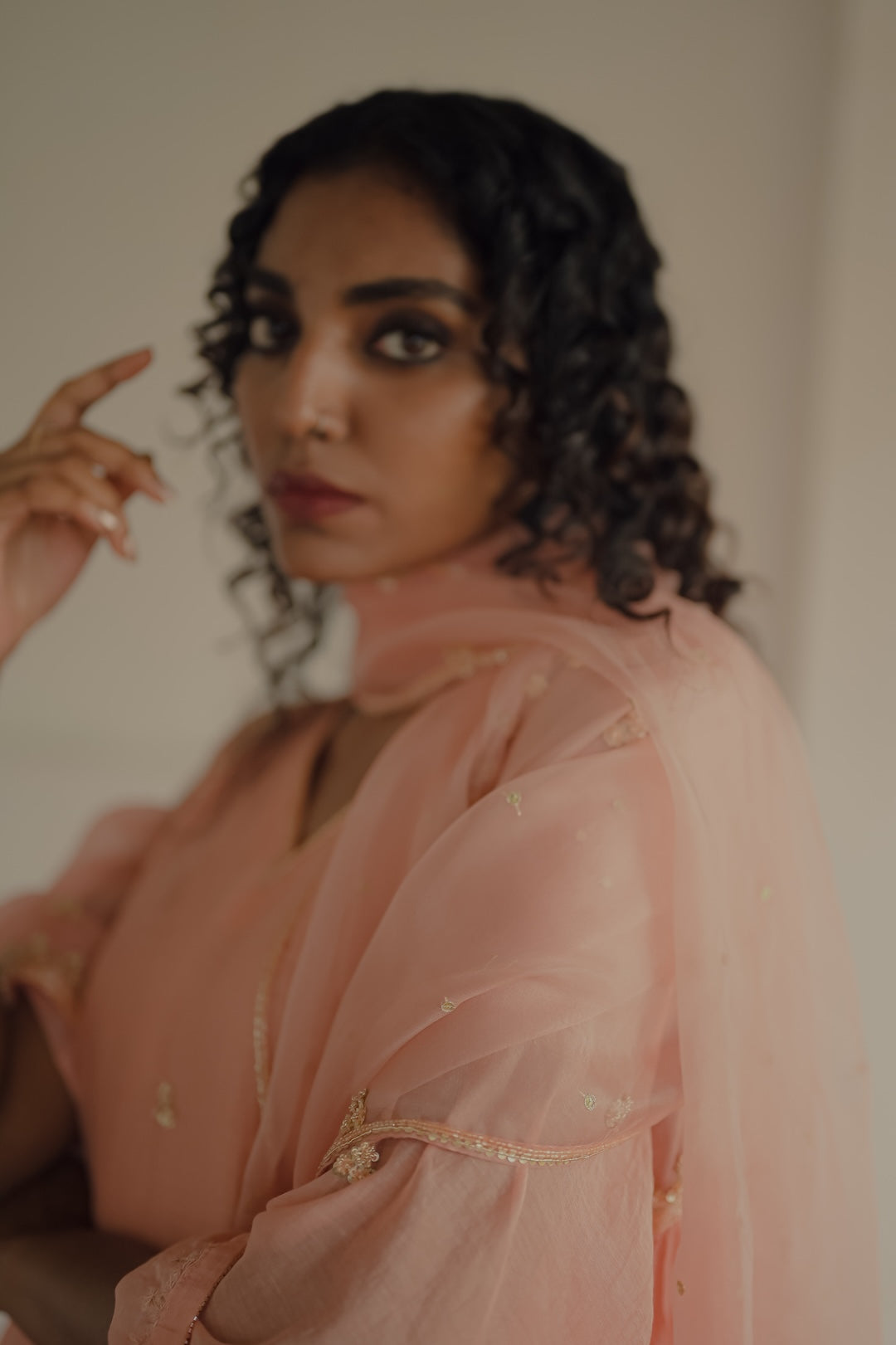 Peach Chanderi and Organza Kurta Set - Zuleiha