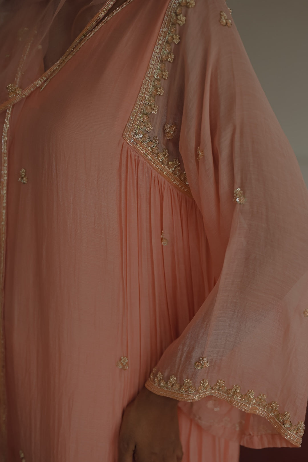 Peach Chanderi and Organza Kurta Set - Zuleiha