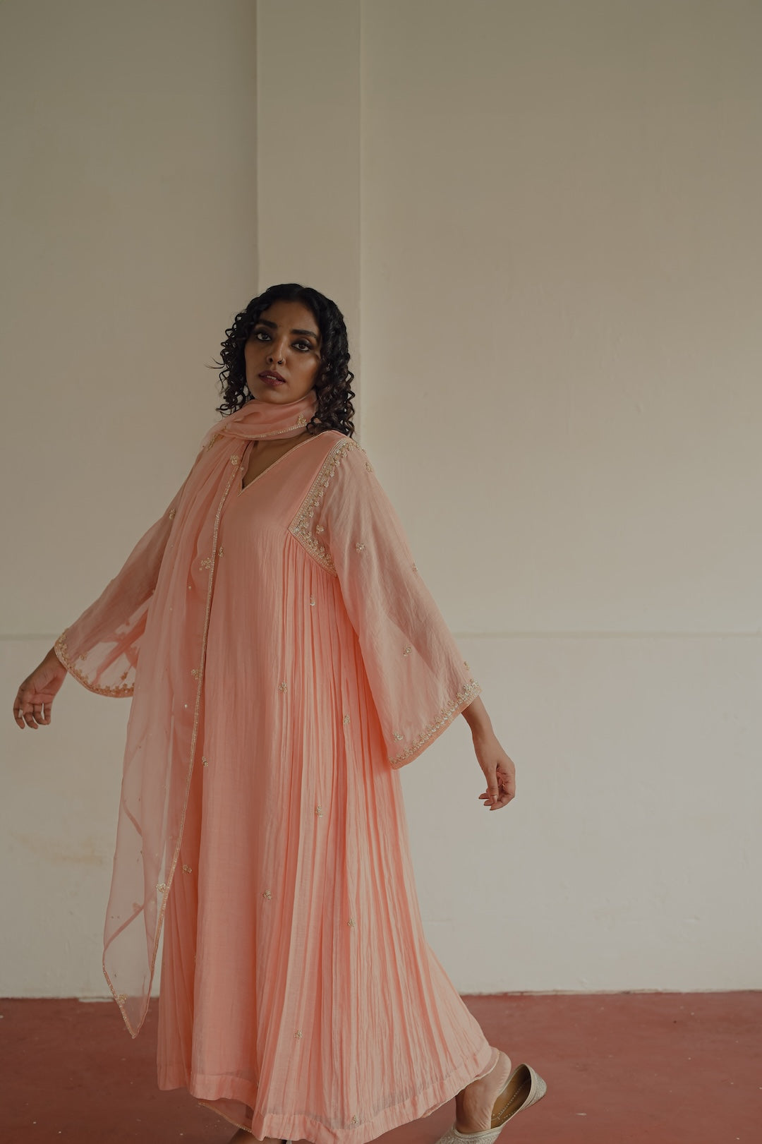 Peach Chanderi and Organza Kurta Set - Zuleiha