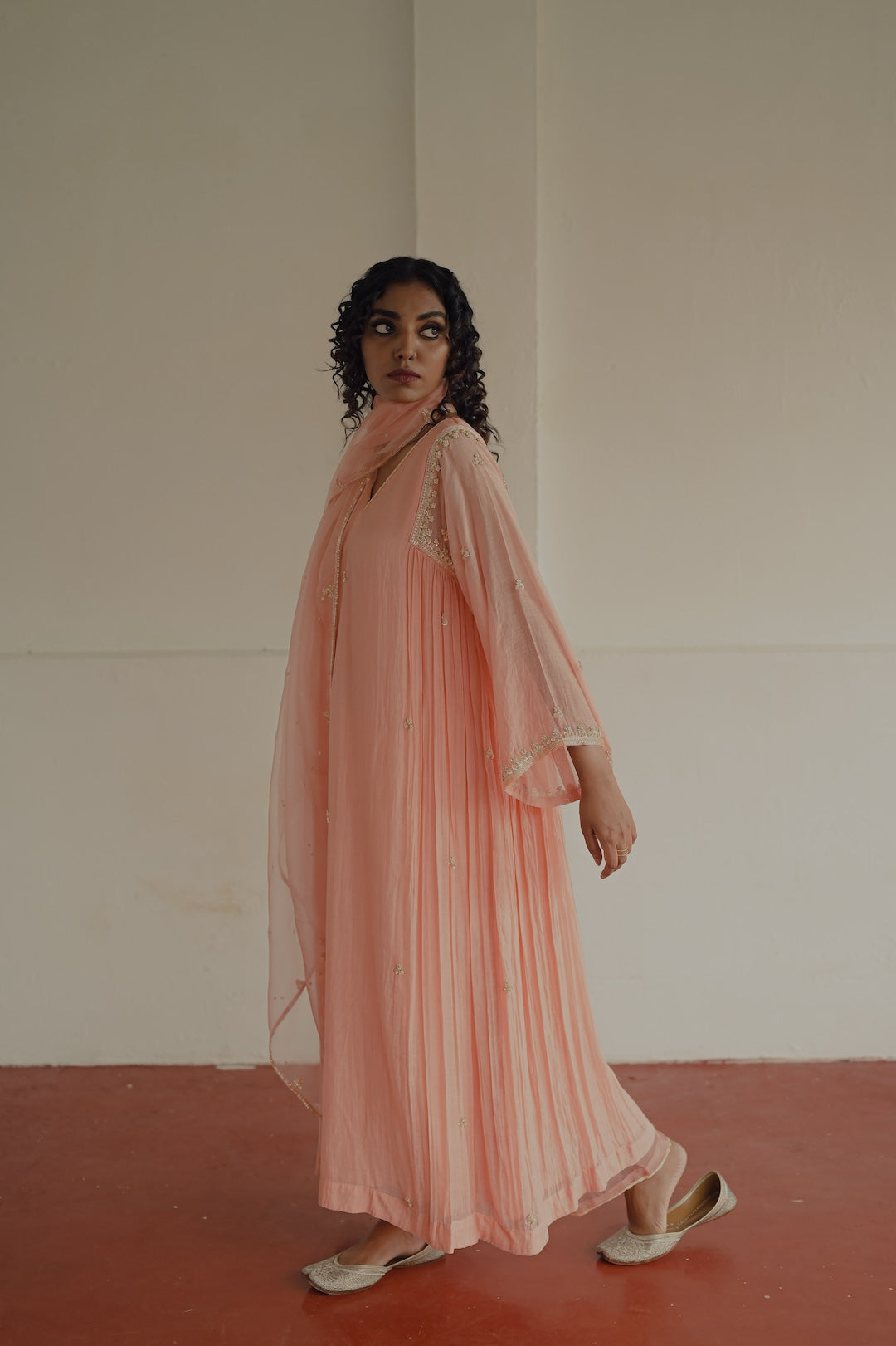 Peach Chanderi and Organza Kurta Set - Zuleiha