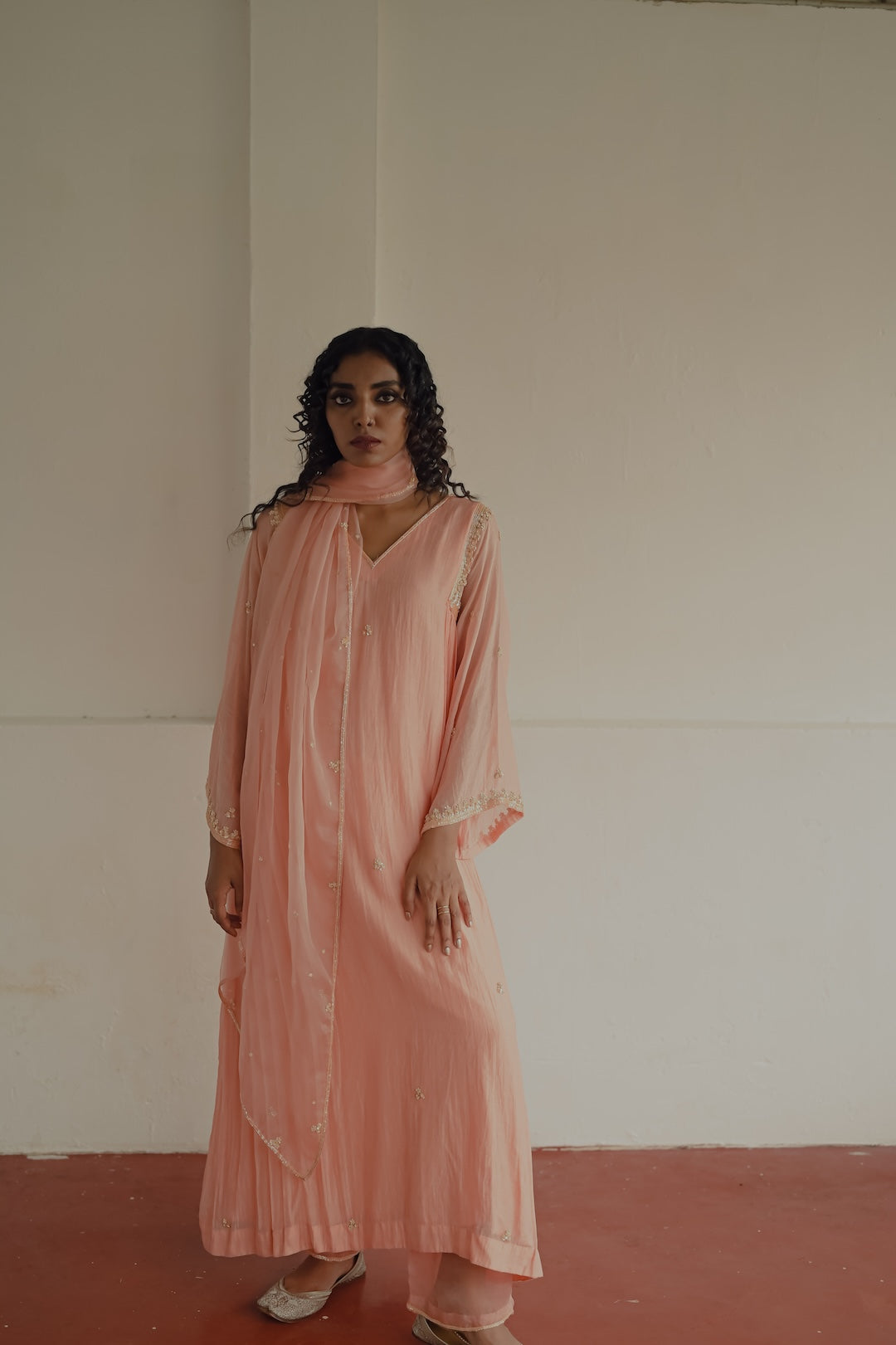 Peach Chanderi and Organza Kurta Set - Zuleiha