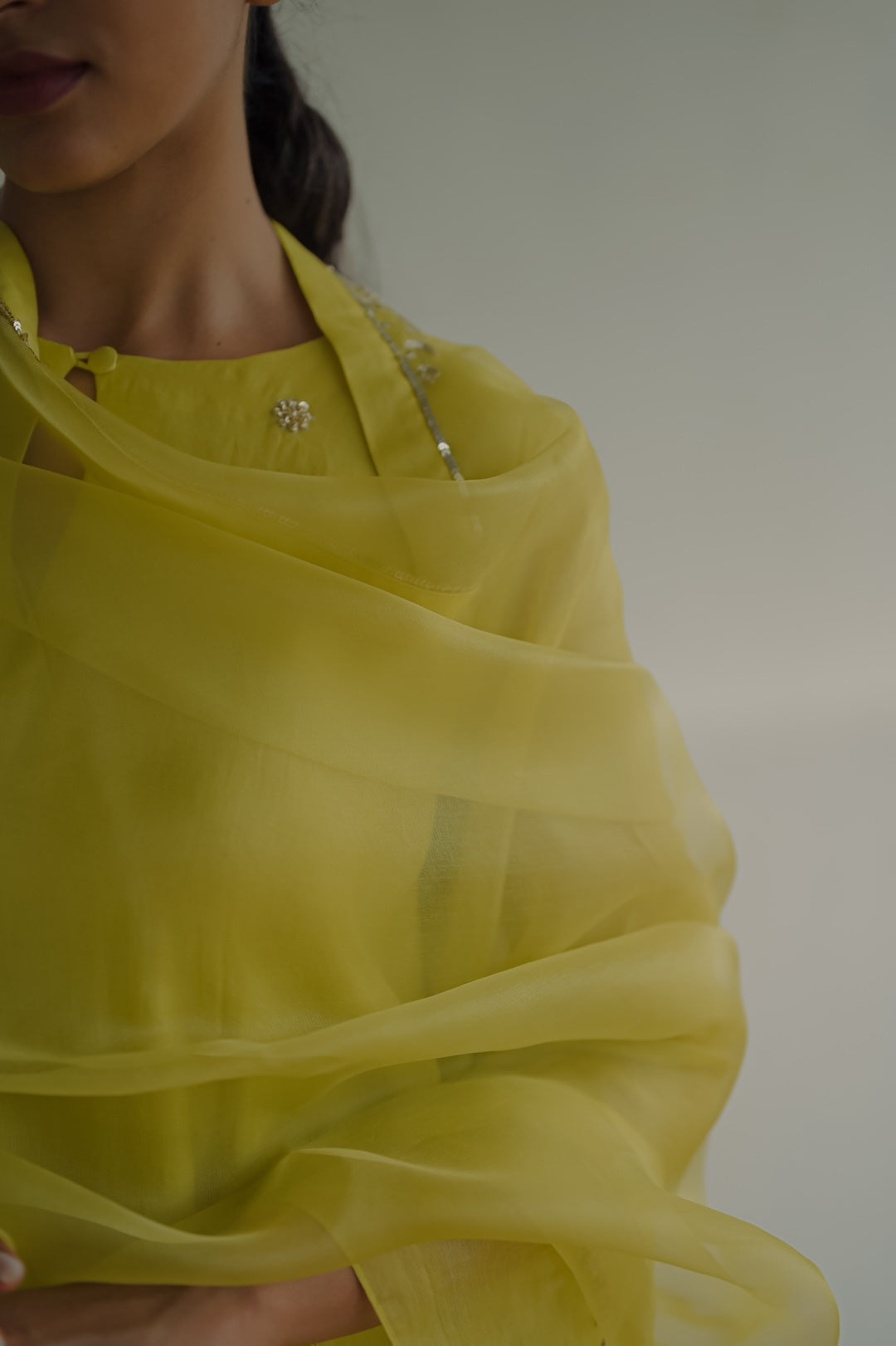 Lime Green Chanderi and Organza kurta set - Zuleiha