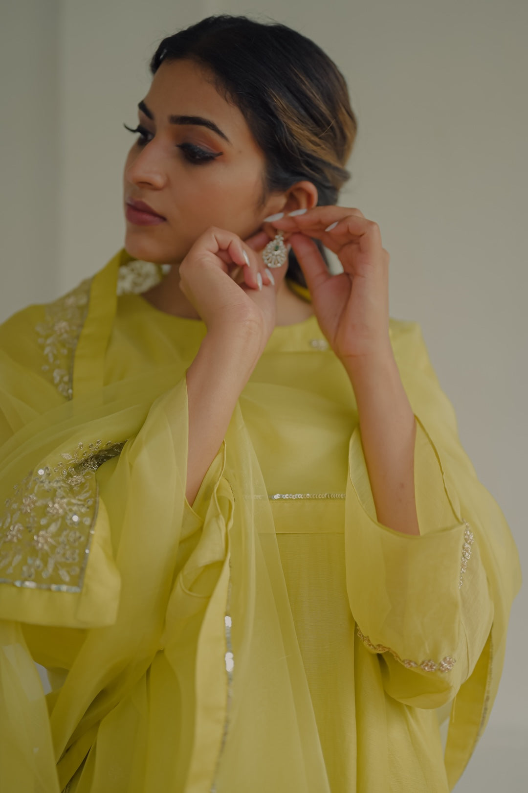 Lime Green Chanderi and Organza kurta set - Zuleiha