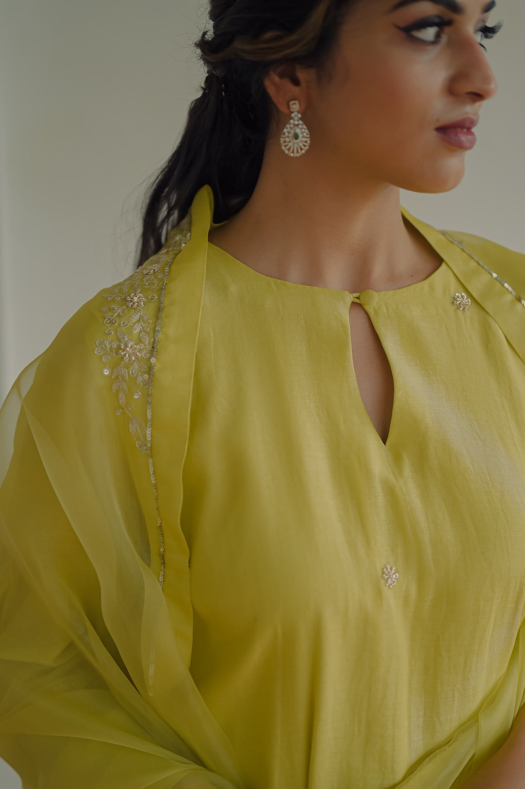 Lime Green Chanderi and Organza kurta set - Zuleiha