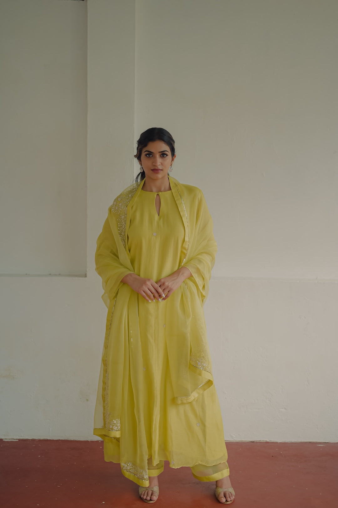 Lime Green Chanderi and Organza kurta set - Zuleiha