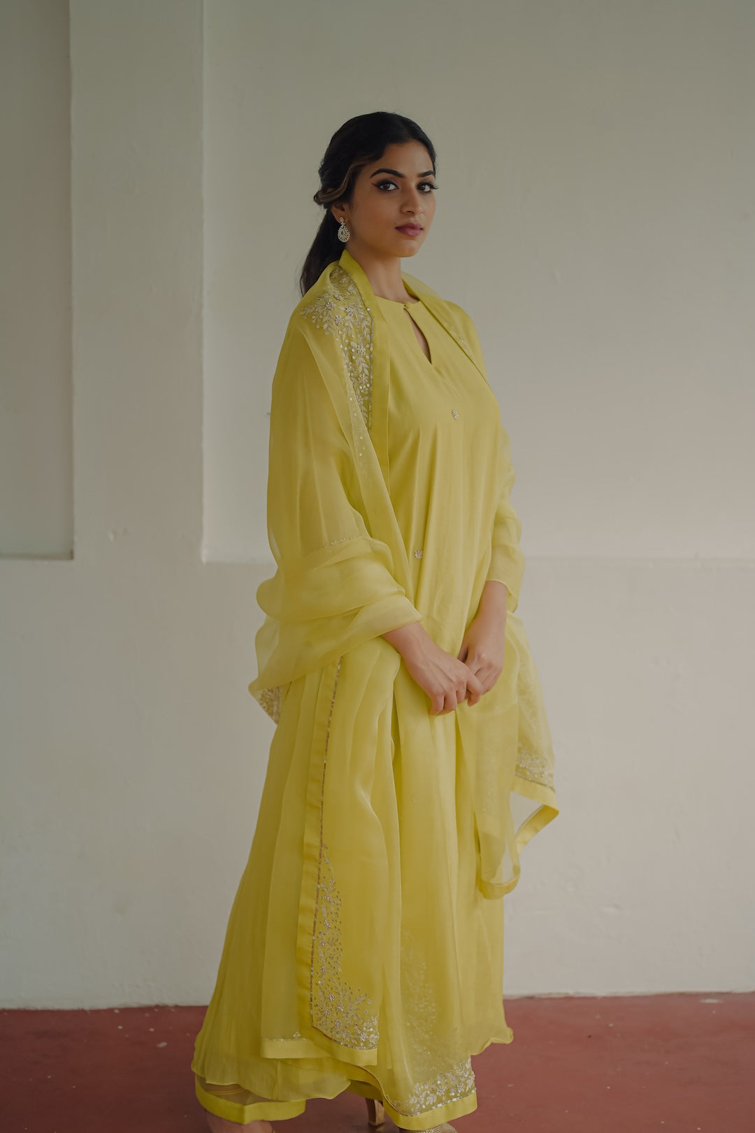 Lime Green Chanderi and Organza kurta set - Zuleiha