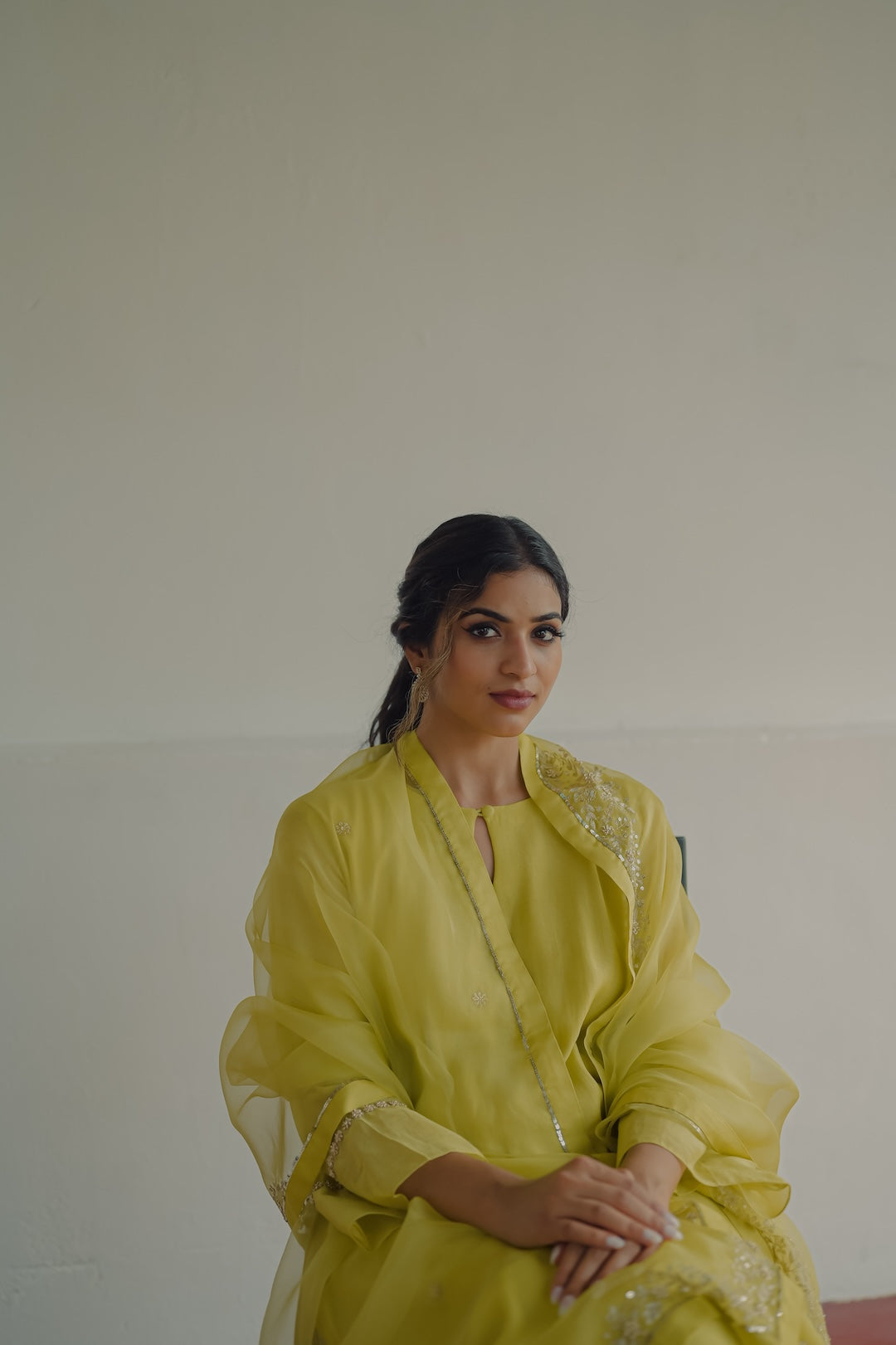 Lime Green Chanderi and Organza kurta set - Zuleiha