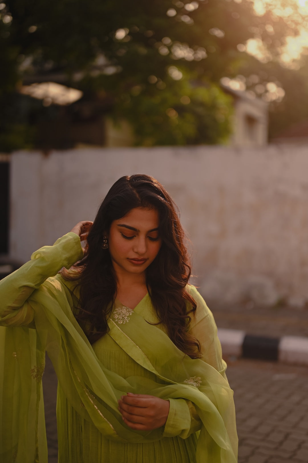 Sona Olickal in lemon green Chanderi and Organza Kurti Set