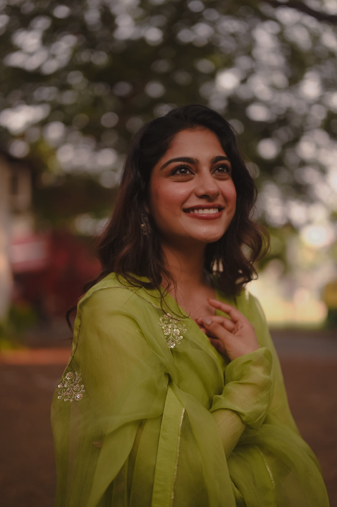 Sona Olickal in lemon green Chanderi and Organza Kurti Set
