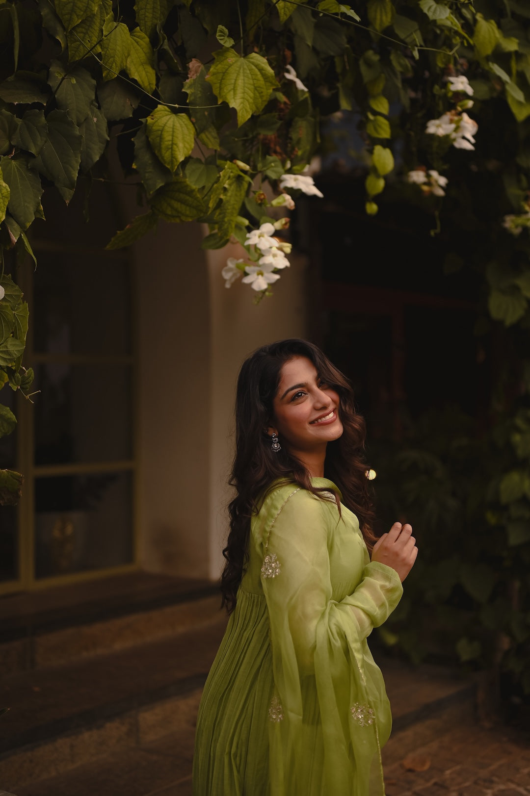 Sona Olickal in lemon green Chanderi and Organza Kurti Set