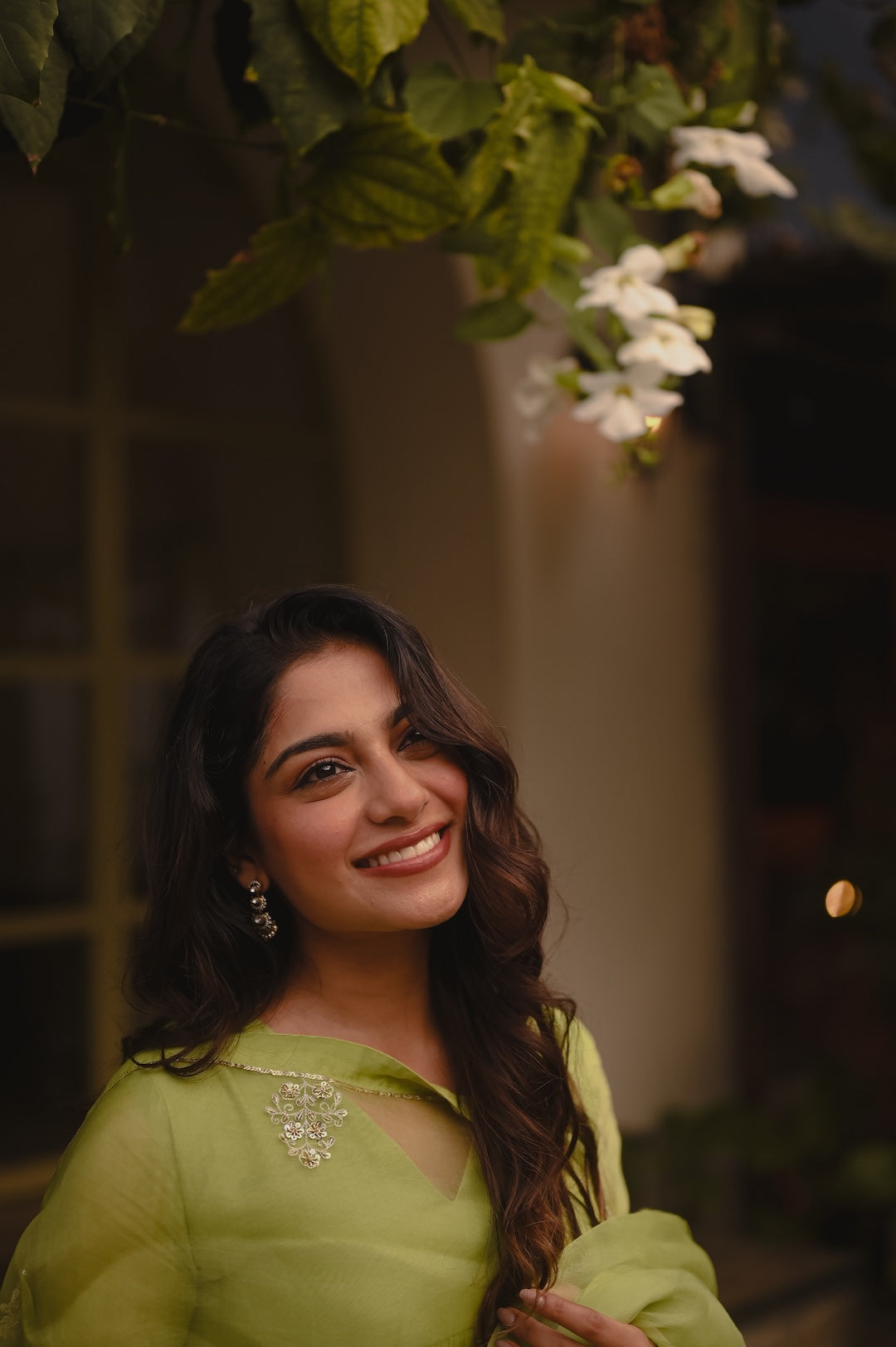 Sona Olickal in lemon green Chanderi and Organza Kurti Set