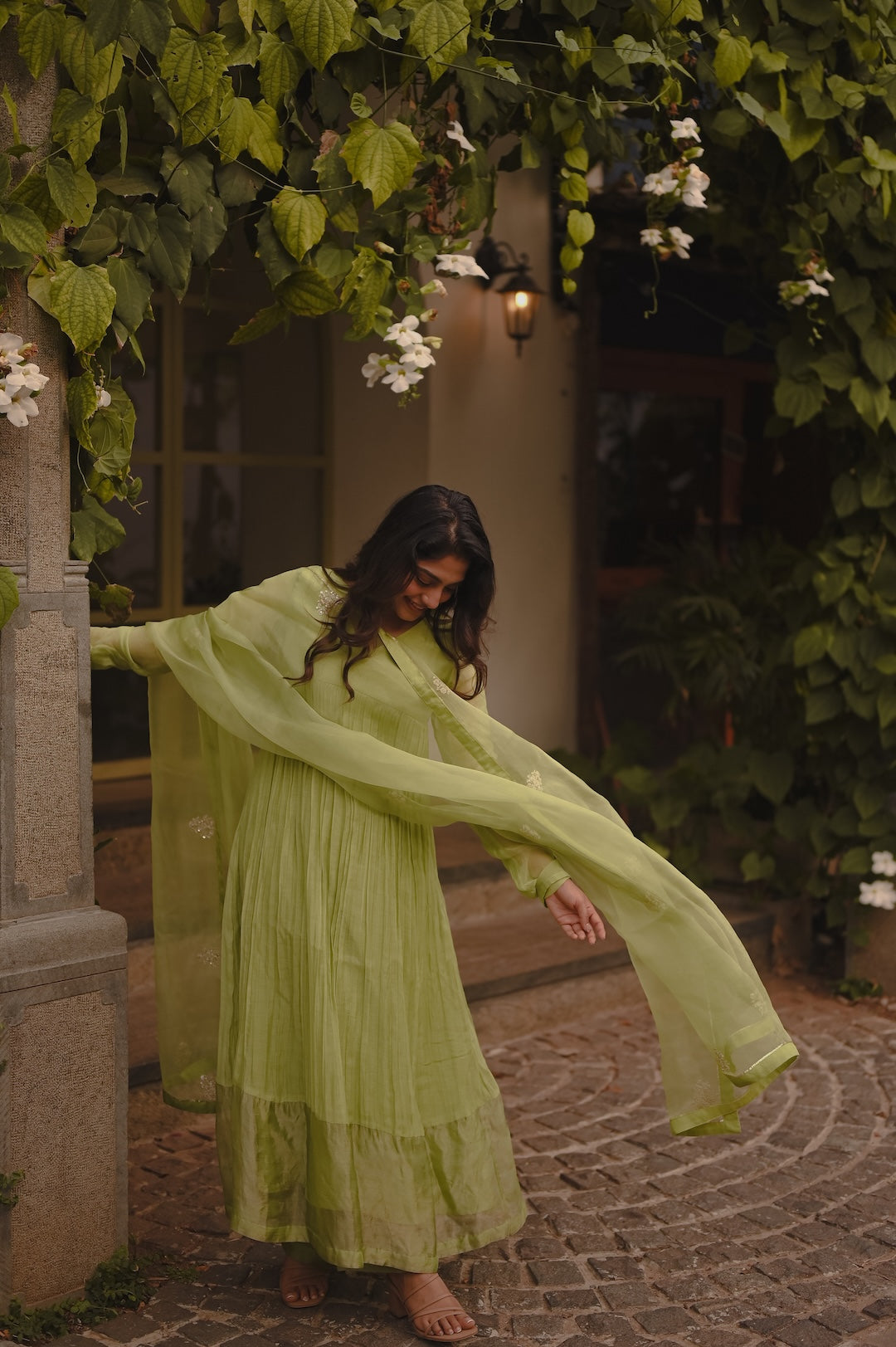 Sona Olickal in lemon green Chanderi and Organza Kurti Set
