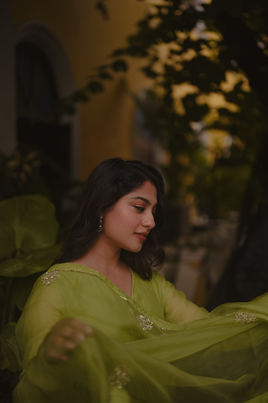 Sona Olickal in lemon green Chanderi and Organza Kurti Set