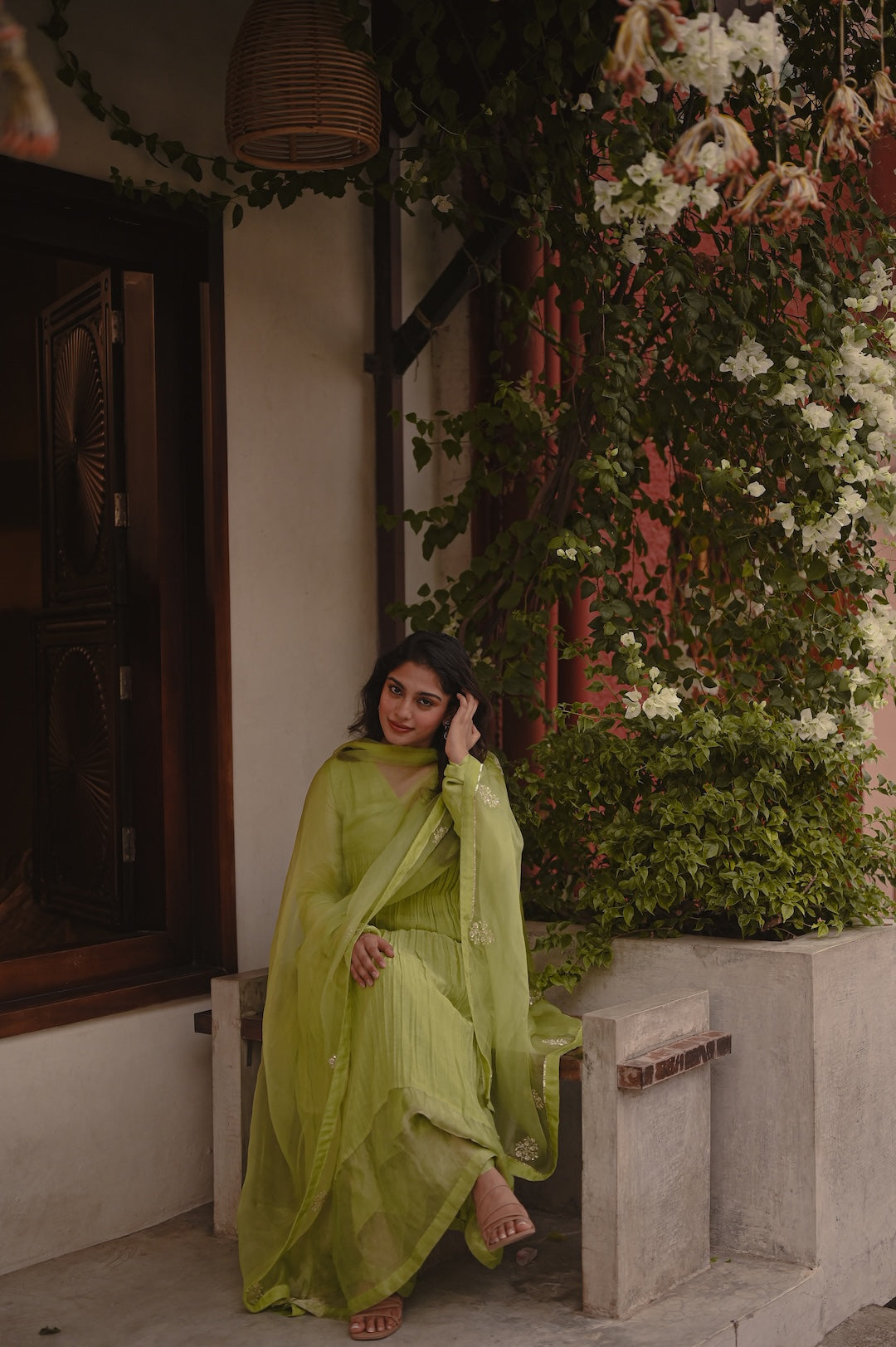 Sona Olickal in lemon green Chanderi and Organza Kurti Set