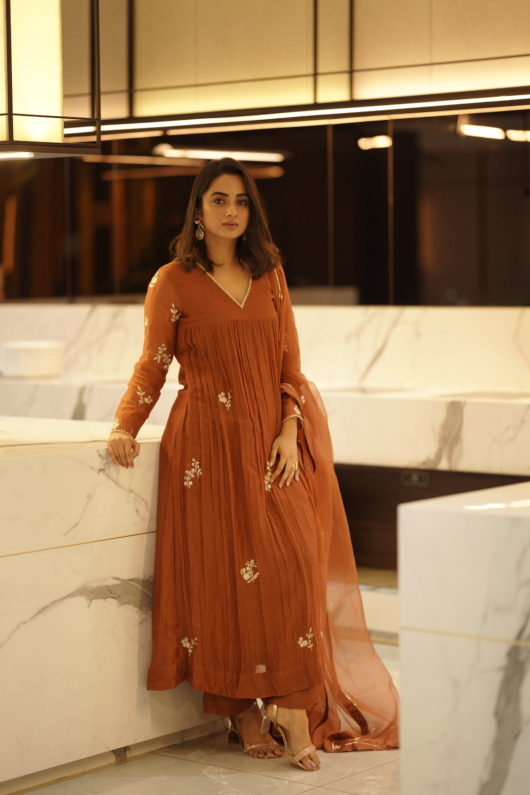 Golden Brown Chanderi and Organza Kurta Set - Zuleiha