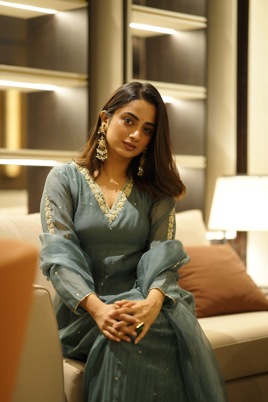 Namitha Pramod in Peacock blue chanderi and Organza kurti set