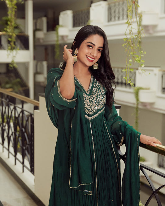 Namitha Pramod in Bottle green Chanderi Kurti Set
