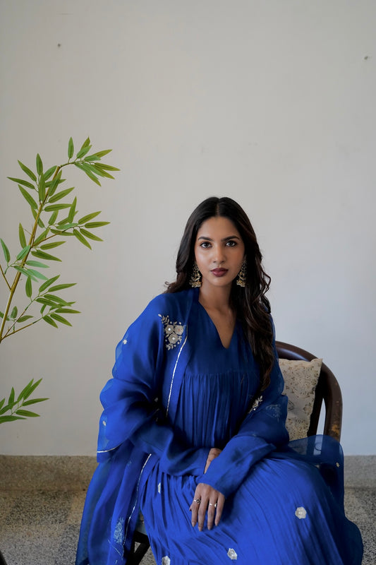 Signature Blue Chanderi and Kurti Set - Zuleiha