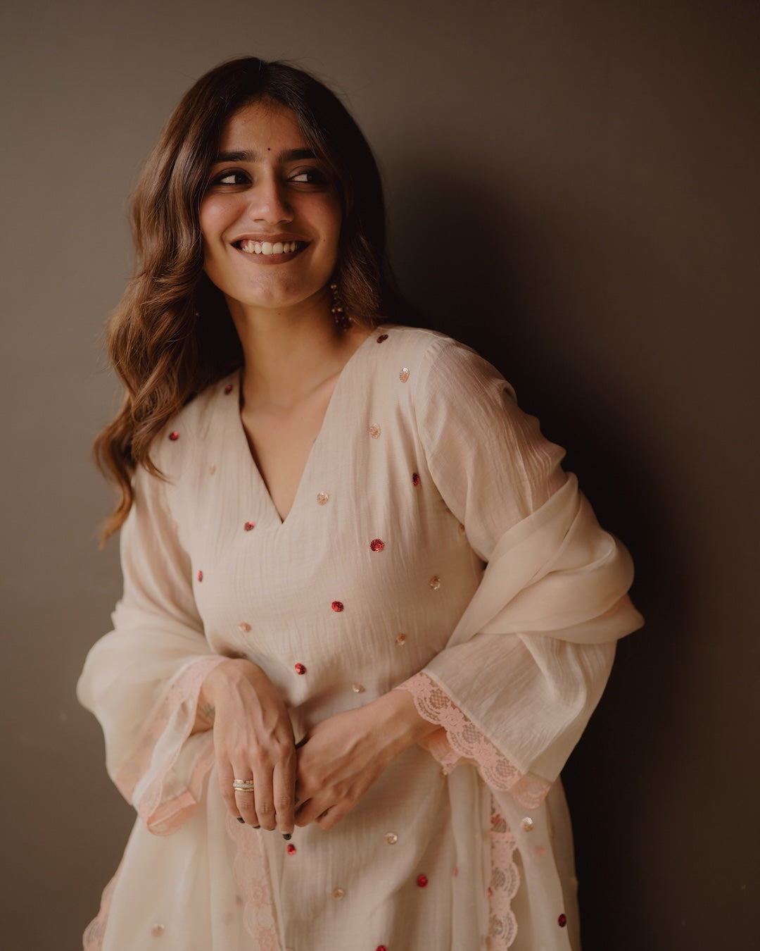 Priya Warrier in Ivory Chanderi and Organza Kurti Set