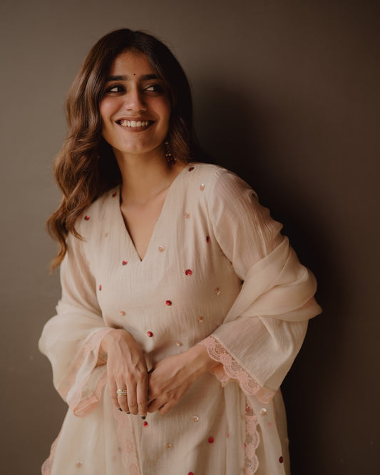 Priya Warrier in Ivory Chanderi and Organza Kurti Set