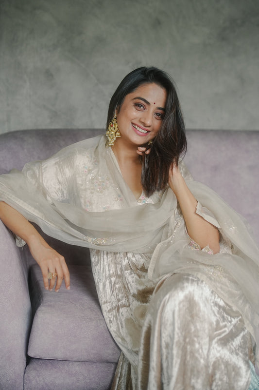 Namitha Pramod in Ivory Velvet and organza Kurti Set