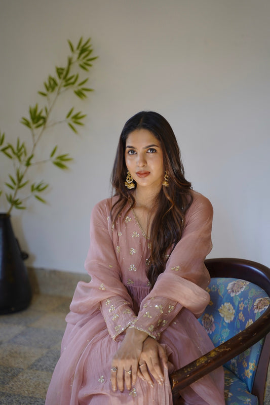 Signature Mauve Chanderi and Organza Kurti Set - Zuleiha