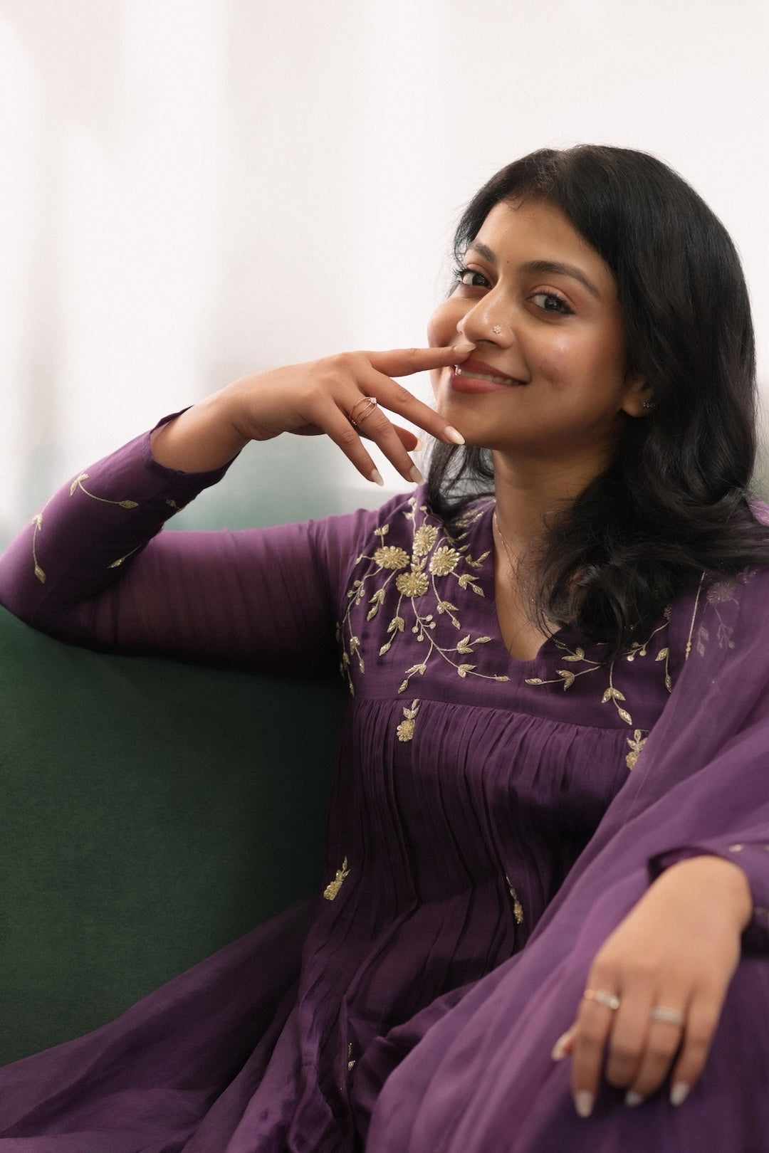Shruthi Ramachandran in Zuleiha purple Chanderi handworked Kurti set