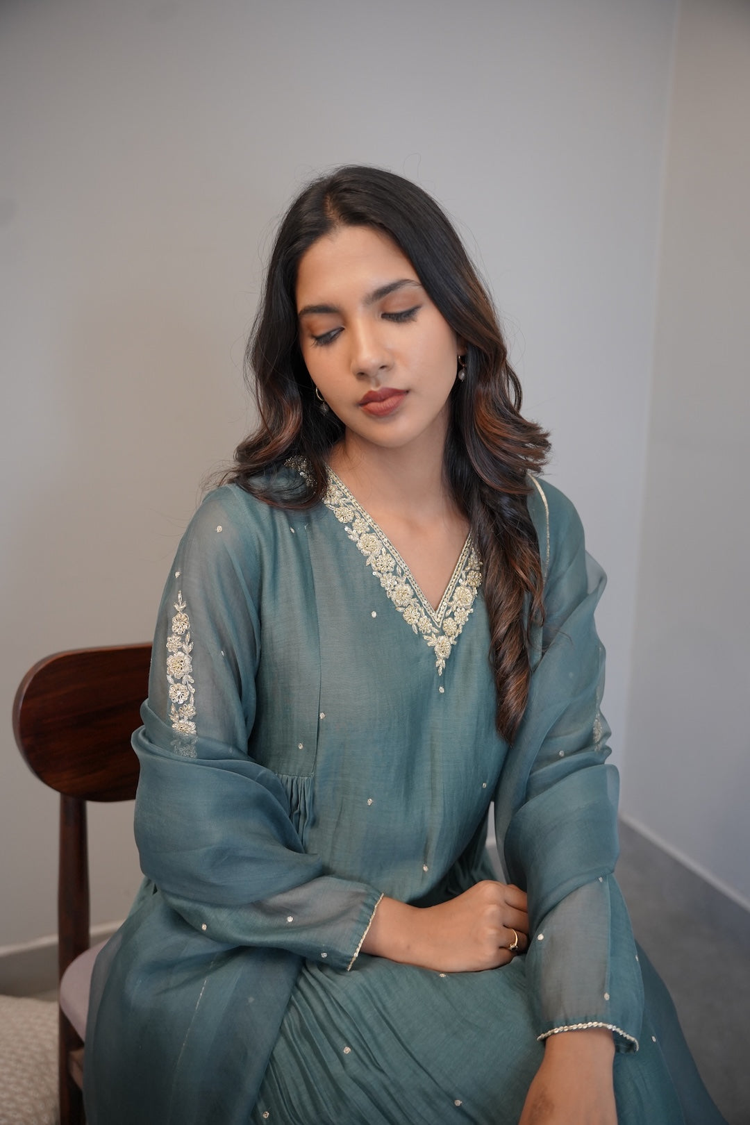 Peacock Blue Chanderi and Organza Kurta Set - Zuleiha