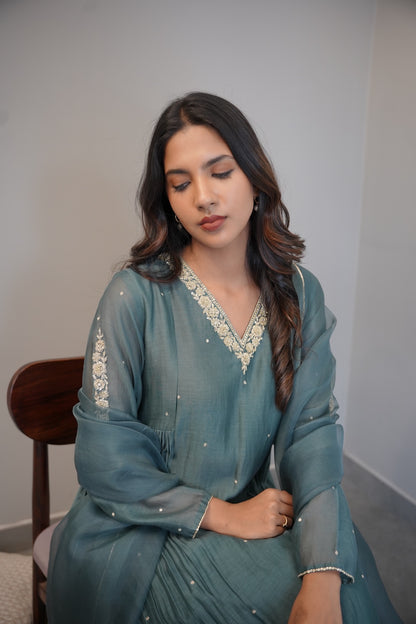 Peacock Blue Chanderi and Organza Kurta Set - Zuleiha