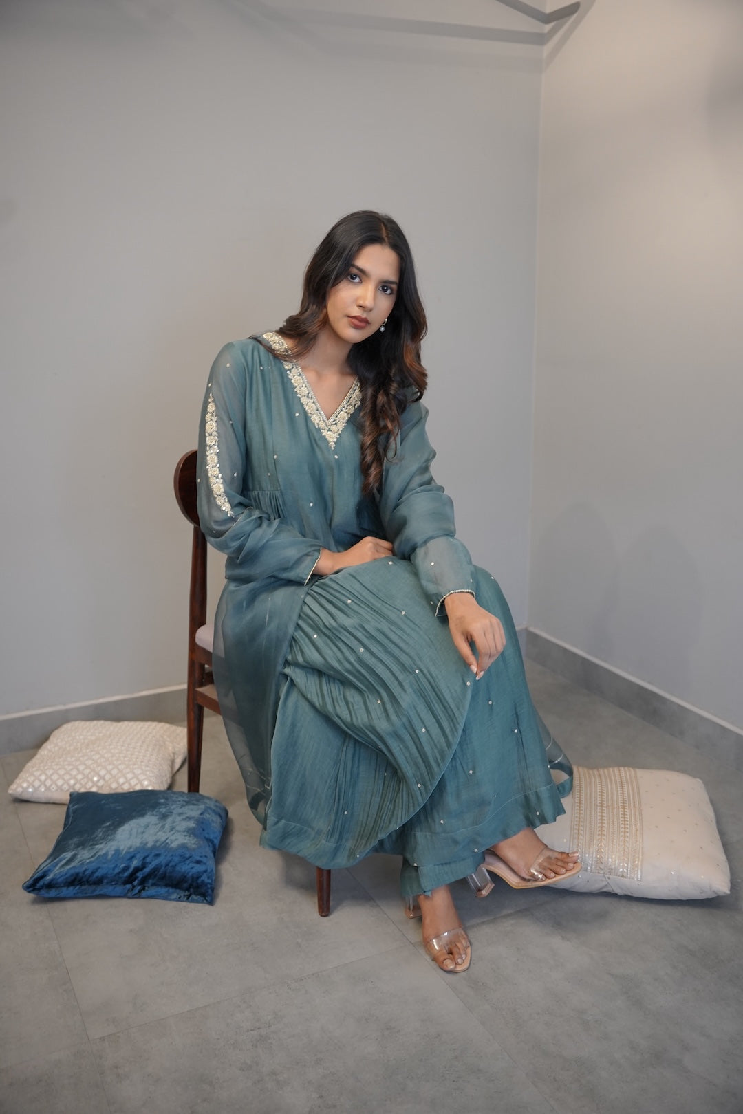 Peacock Blue Chanderi and Organza Kurta Set - Zuleiha