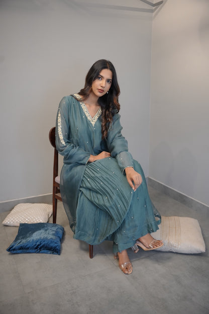 Peacock Blue Chanderi and Organza Kurta Set - Zuleiha