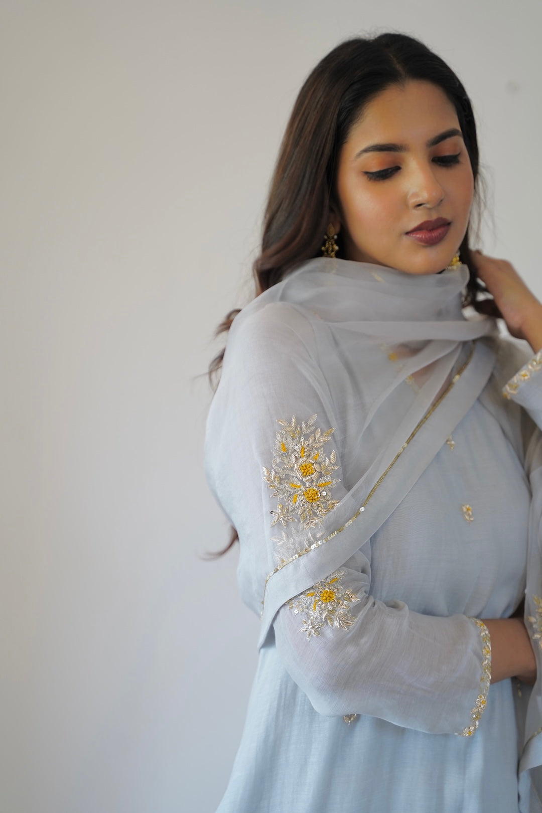 Baby Grey Chanderi and Organza Kurti Set - Zuleiha